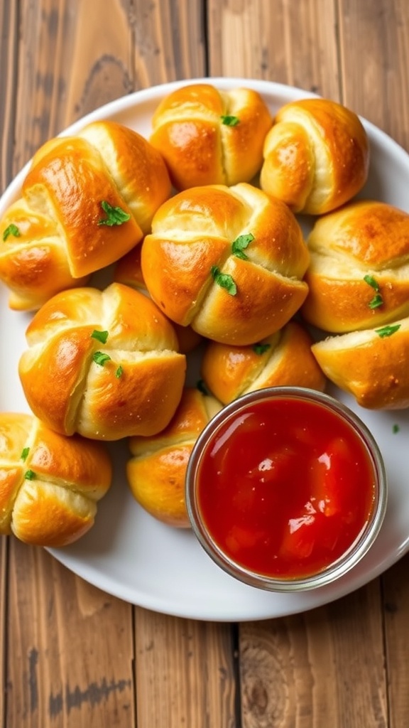 Golden brown garlic bread knots on a plate, garnished with parsley, served with marinara sauce.